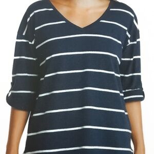 Nautica Navy and White Striped V-Neck Shirt